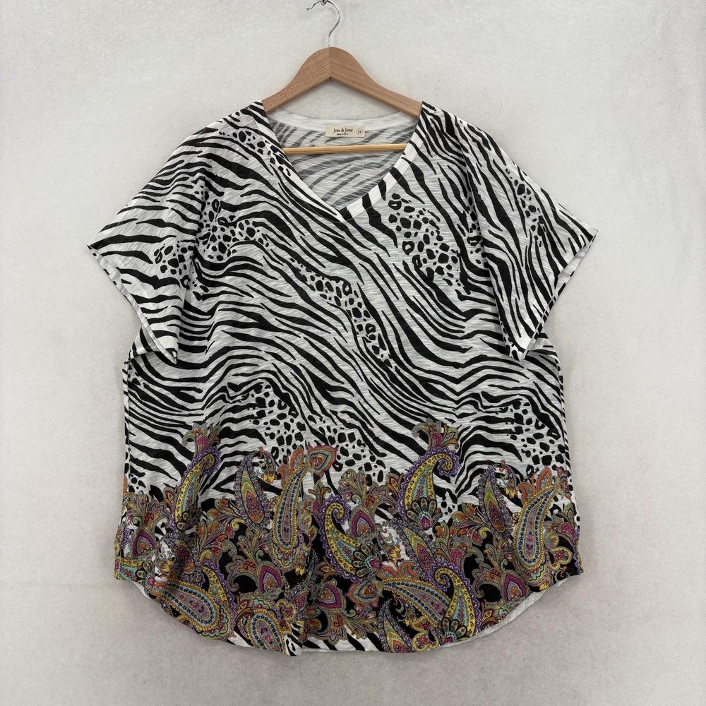 Jess & Jane Shirt Womens 1X Multicolor Zebra Paisley V Neck Dolman Tunic Top Art